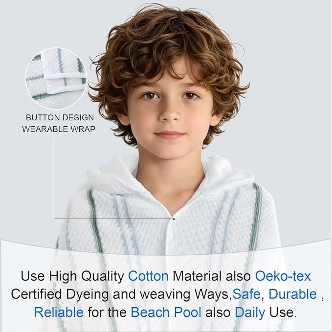 VOOVA & MOVAS Hooded Bath Towels for Teens/Big Kids (8Years Up) | Soft Absorbent 100% Cotton Thick Towel Wrap | Versatile Beach, Pool, Swim & Bath Cover-Up | WhiteBlueGreen