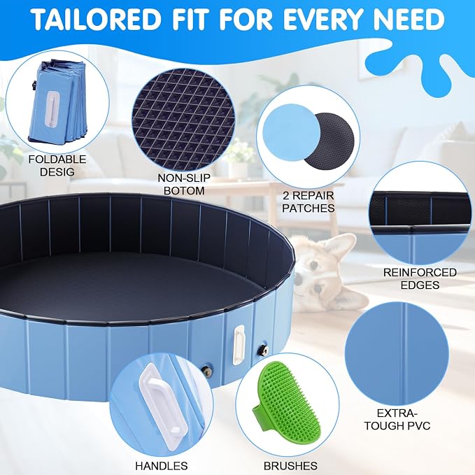 DEWEL Portable Foldable Dog Pool Bath Tub for Dogs Cats & Pets, Collapsible PVC Kiddie Bath Tub Pool with MDF Reinforced Panels, Non-Slip Bottom for Bathing Swimming Outdoor Backyard Patio Play