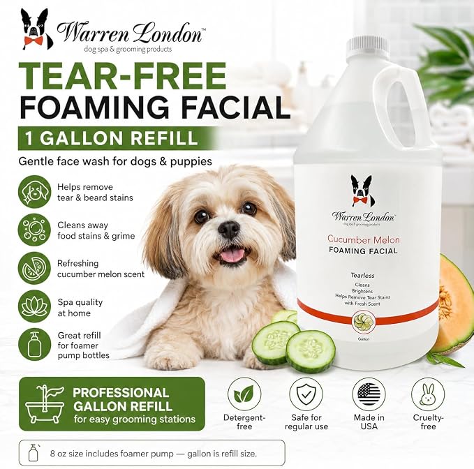 Warren London Foaming Pet Facial – Tear Free Dog Face Wash & Tear Stain Remover | Gentle Puppy & Dog Face Shampoo | Cucumber Melon Scent | Made in USA | 1 Gallon Refill