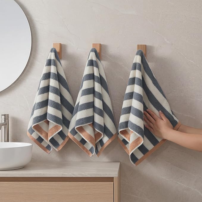 REDKISS Striped Hand Towels for Bathroom, Kitchen Decor, Guest Use, Ultra Soft and Highly Absorbent for Kids Adults, 100% Cotton, 12” x 28”, 3 Pack, Grey