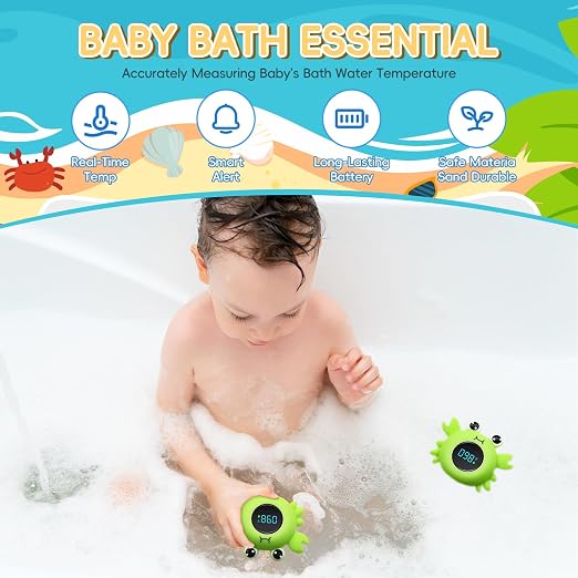 b&h Baby Bath Thermometer - Instant Read, Digital Water & Room Temp Reader, Safety Water Sensor for Infants, Color-Coded Alerts, Tub Temperature Monitor, Cute Floating Bath Toy, Crab (Green)