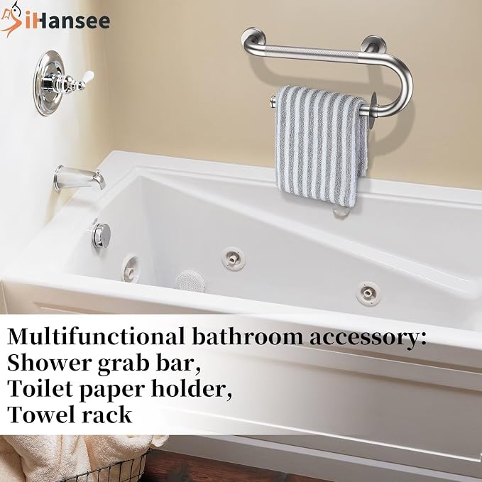𝐔𝐩𝐠𝐫𝐚𝐝𝐞𝐝 Toilet Grab Bars 16 Inch - Toilet Paper Holder Grab Bar Stainless Steel Knurled Toilet Grab Bars for Seniors Bathtub Bathroom Rails for Elderly Safety Balance Support, Brushed Nickel