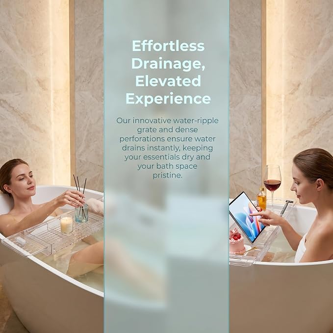 Expandable Clear Acrylic Bathtub Tray Caddy, Foldable Non-Slip Bath Table Tray with Drain Slots, Acrylic Tub Organizer, for Weddings, Anniversaries, Bridal Showers, and New Homes