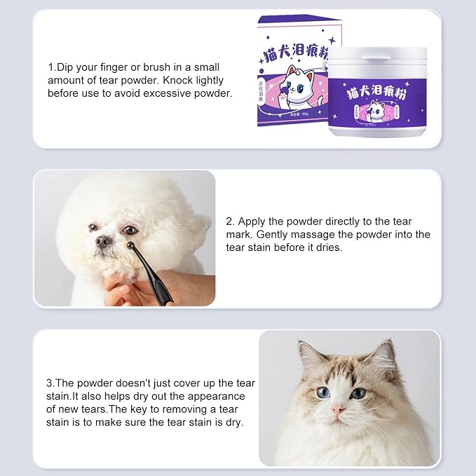 Tear Stain Powder - 60g Formula, Absorbent Care, Gentle Cleaning, Brush Included | Remover for Reducing Eye Marks On Dogs Cats by Absorbing Moisture, Keeping Facial Dry, Neat Appearance, Daily
