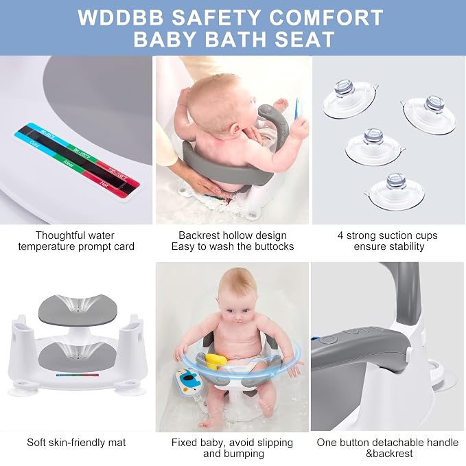 Baby Bath seat for Babies 6 Months & up, 360° Stable Toddler Bath Chair with one-Touch Button, Back Hollow Design, Water Temperature Card & 4 Suction Cups for Safety (Dark Gray)