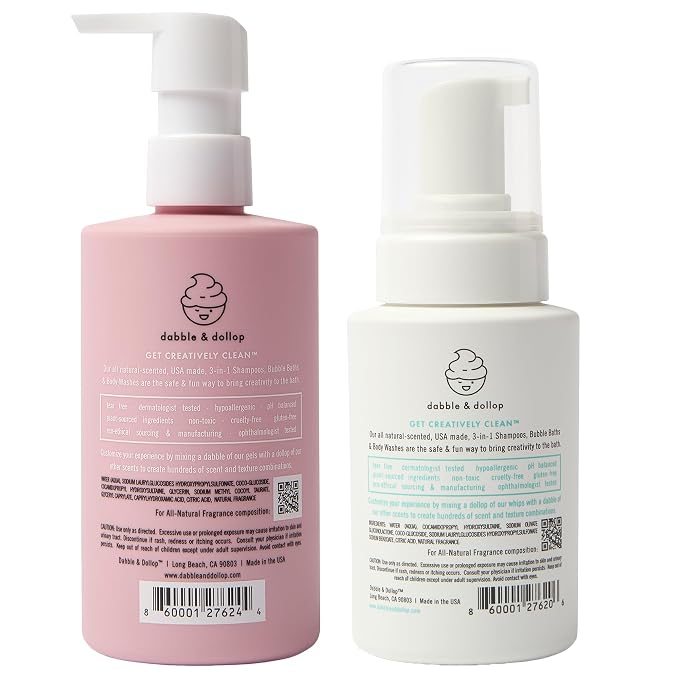 Dabble & Dollop Coconut + Vanilla Kids 3-in-1 Body Wash, Shampoo & Bubble Bath Bundle – Gel + Foam Whip Set, Tear-Free, Gentle, Natural-Origin, Hypoallergenic and Safe for Sensitive Skin (Pack of 2)