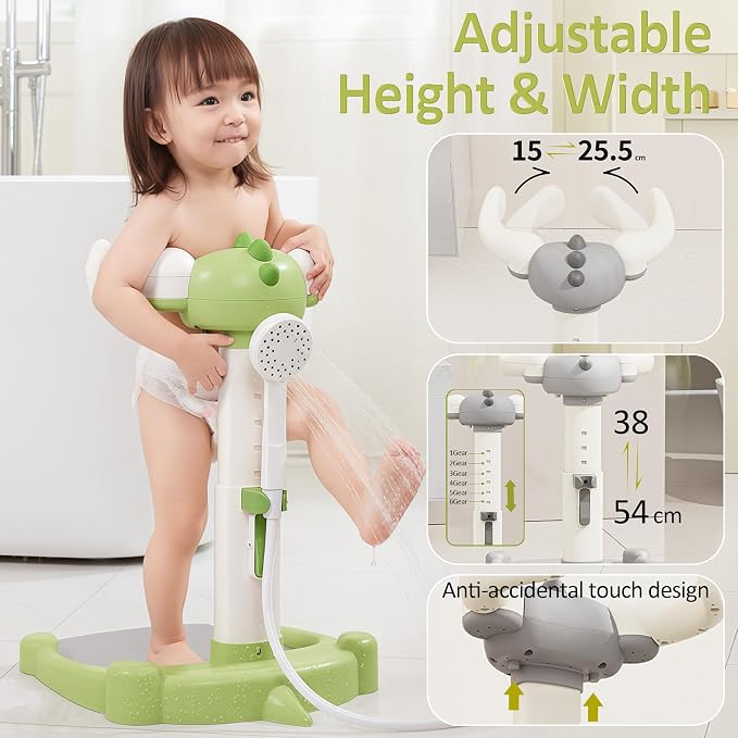 Baby Shower Stand, Baby Standing Bath with Anti-Pinch Adjustable Height and Armrest, Shower Standing Support with Anti-Slip Base and Mat for Infants 6-36 Months -Green