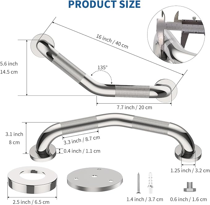 16 Inch Angled Shower Grab Bar, Munzong Anti Slip Satin Brushed Nickel Bathroom Grab Bar, Knurled Bathroom Balance Bar,Safety Hand Rail Support Handicap Elderly Injury Senior Assist Bath Handle