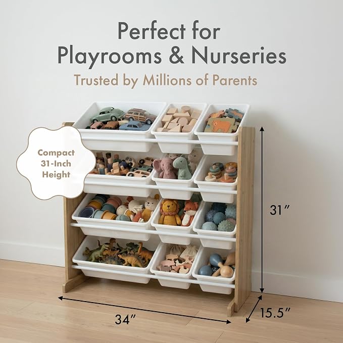 Humble Crew Toy Storage Organizer with 12 Removable Storage Bins for Kids Playroom, 4-Tier Toddler Toy Organization, Natural Wood/White