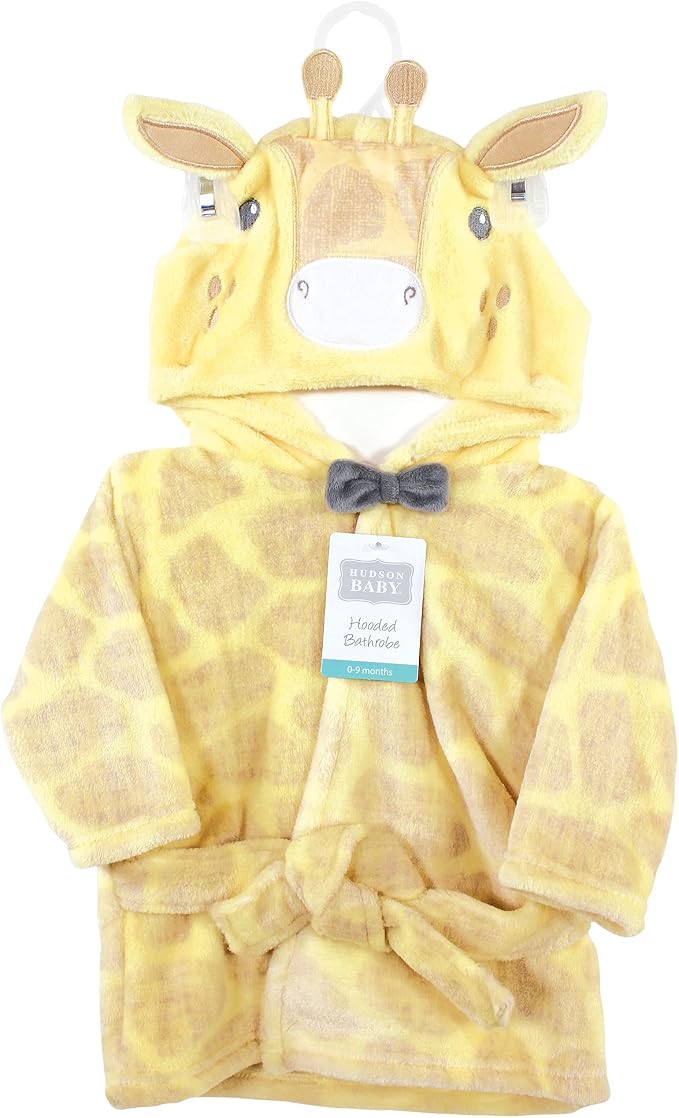 Hudson Baby Unisex Baby Plush Animal Face Bathrobe, Bowtie Giraffe, 0-9 Months
