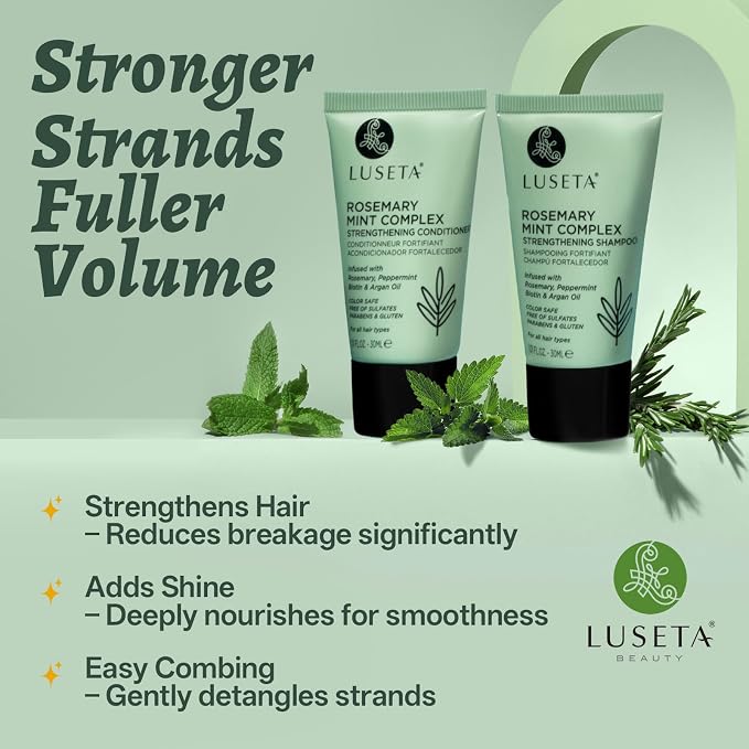 Luseta Rosemary Mint Tavel Shampoo and Conditioner Set Mini Size Strengthen and Nourish Thinning Hair Reduce Frizz for Women and Men 2 x 1.01oz