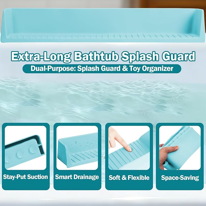 Bathtub Splash Guard for Tub Kids- 31" Extra Long Silicone Bath Play Shelf, Toy Tray & Caddy Holder, Prevent Water Spills & Messy Floors, Tub Edge Guard for Bathroom- Blue