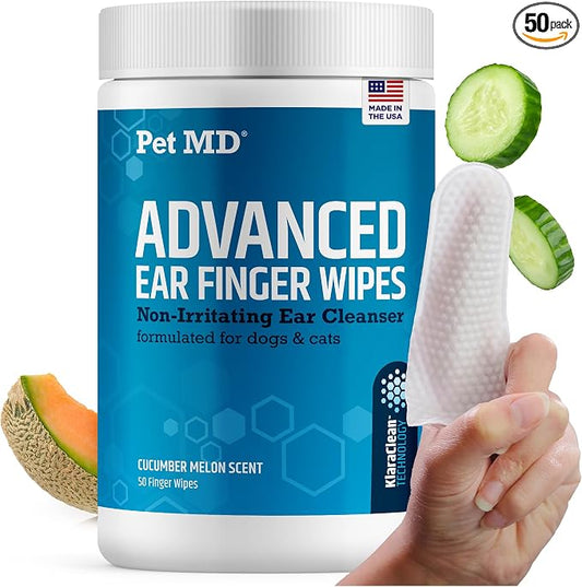 Pet MD Advanced Ear Finger Wipes for Dogs & Cats - Cucumber Melon (50ct) | Non-Irritating Cat Ear Wipes & Puppy Ear Cleaner - Pet Safe Cleaner to Aid in Itchiness and Odor