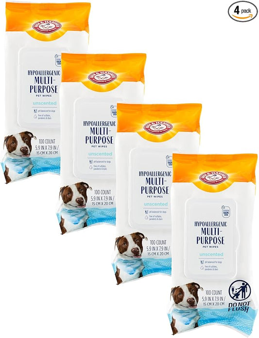 Arm & Hammer for Pets Hypoallergenic Wipes for Dogs - Best Odor Eliminating Waterless Cleaning for Dogs & Puppies, Unscented, 100 Count (Pack of 4)