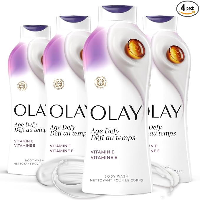 Olay Body Wash for Women, Age Defying with Vitamin E, 24hr Moisturizing, Hydrating & Refreshing, B3 Vitamin Complex, Free of Parabens & Phthalates, for All Skin Types, Scented, 22 fl oz (Pack of 4)