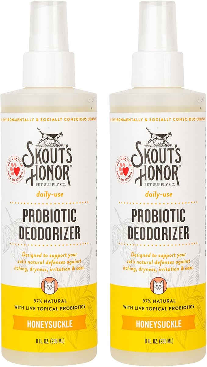 SKOUT'S HONOR Cat Deodorizer Spray- Hydrating Daily-Use with Avocado Oil & Omega-3s, Paraben & Sulfate-Free, 97% Natural, 8oz, Honeysuckle, 2-Pack