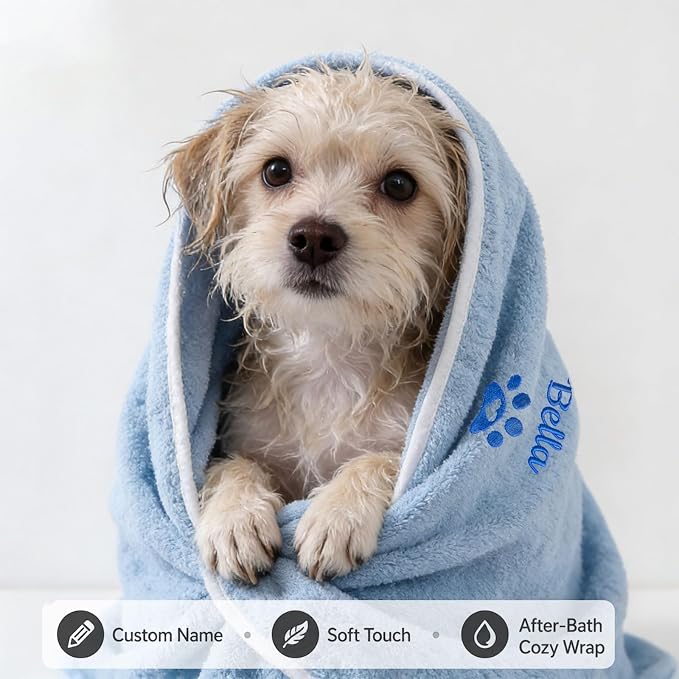 Custom Pet Bath Towel with Embroidered Name, Personalized Paw Print Pet Towel for Dogs and Cats,Soft Coral Fleece Dog Drying Towel (Blue)