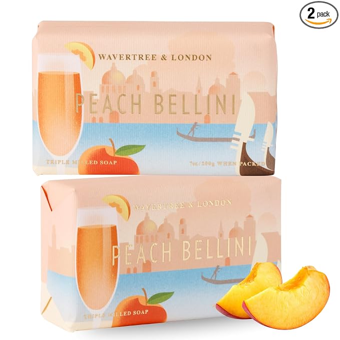 Wavertree & London Peach Bellini Scented Natural Soap (2 Bars), 7oz Moisturizing French Triple Milled Soap Bars enriched with shea butter - Pure Plant Based Bath & Body Bars for All Skin Types