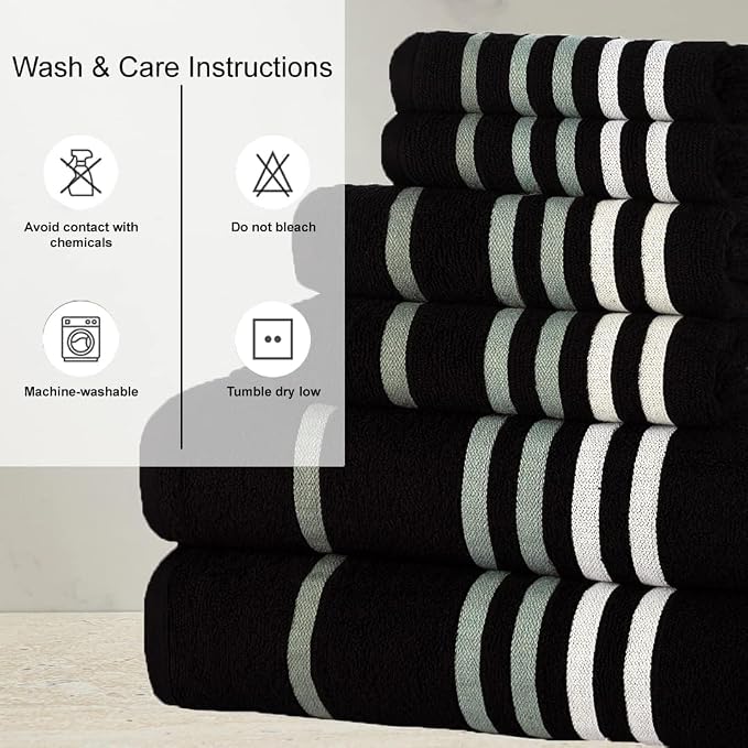 CASA COPENHAGEN Exotic 6Pcs 100% Egyptian Cotton Designer Towels Gift Set- Black,550GSM,2Bath2Hand2Washcloths,Bath Towels for Bathroom (Box Pack,Gift Ribbon Set for Women & Men)
