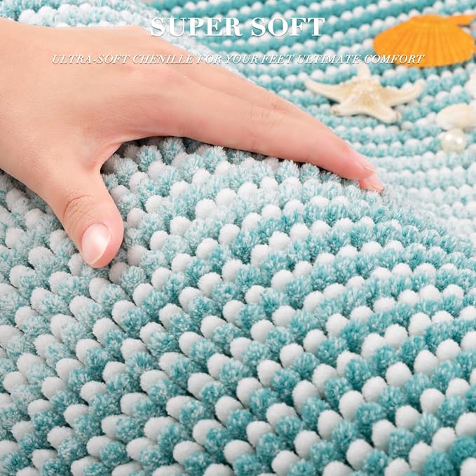 BSICPRO Bathroom Rugs and Mats Sets, 2 Piece Thick Absorbent Chenille Bath Mat Rug Set Non Slip, Soft Shaggy Bath Room Floor Mats for Bathroom, Machine Washable (Aqua Green, 20" x 47" Plus 20" x 32")