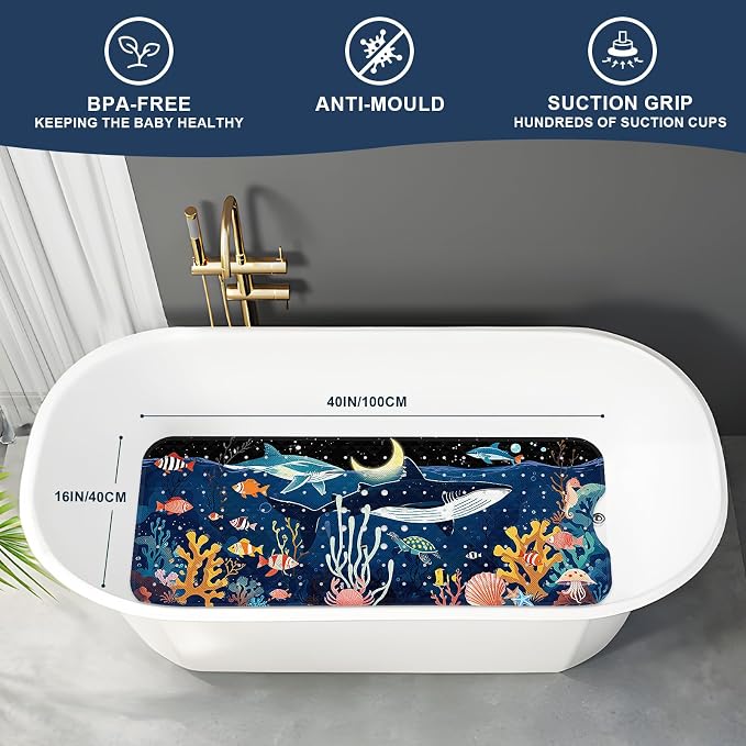 XIYUNTE Baby Bath Mat for Tub Non Slip Kids Bath Mat - 40"x16" Extra Long Bathtub Mat Non Slip Kids, Eco-Friendly Toddler Bath Mats with Suction Cups for Secure Grip, Easy to Clean & Easy Drying
