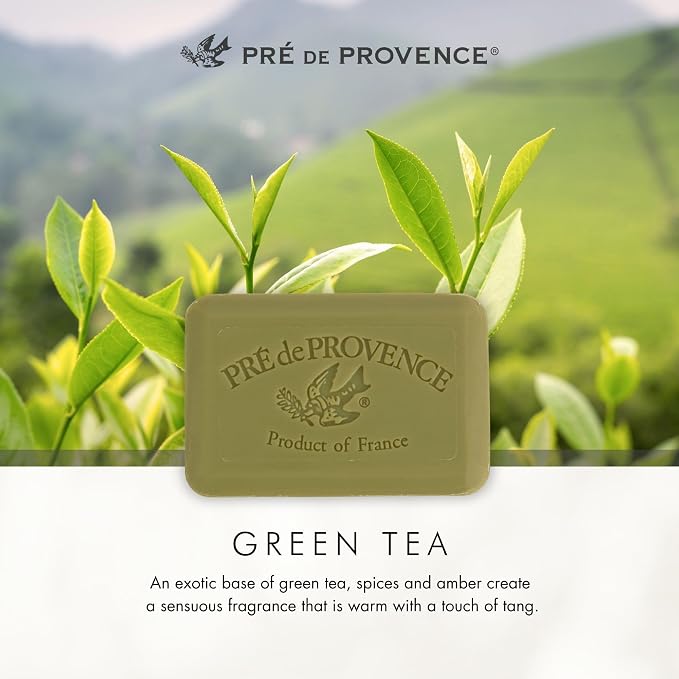 Pre de Provence Artisanal Soap Bar, Natural French Skincare, Enriched with Organic Shea Butter, Quad Milled for Rich, Smooth & Moisturizing Lather, Green Tea, 5.3 Ounce