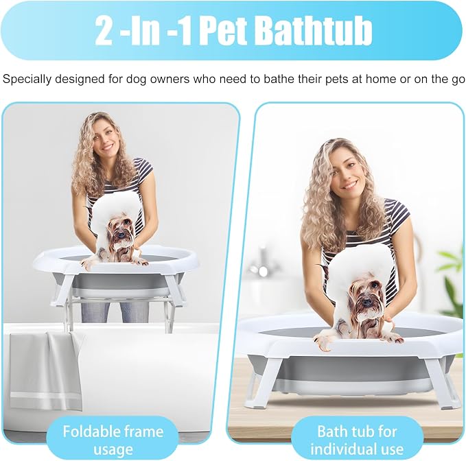 2 in 1 Dog Bathtub Dog Washing Station for Bathing and Grooming | Foldable Shower Bath Tub | Collapsible Portable Shower Bathtub for Indoor and Outdoor Small Dogs Cats Pet Grey