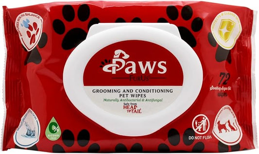 PawsFurUs® All-Natural Pet Wipes for Dogs & Cats - Doctor-Formulated for Total Pet Care with Antifungal & Antibacterial Protection, pH Balancing, Moisturizing, Deodorizing & Fast Itch Relief - 72ct.