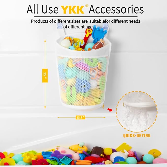 Large Capacity Baby Mesh Bath Toy Organizer, Multiple Ways to Hang, Extra Large Opening Bathroom Toy Storage, Bottom Zipper Bathtub Toy Storage Bag, Baby Shower Games bath Tub Accessory (White)