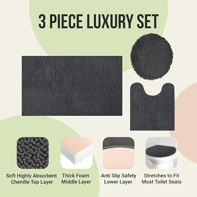 ITSOFT Standard 3pc Non-Slip Shaggy Chenille Bathroom Mat Set, Includes 24"x21" U-Shaped Contour Toilet Rug, 34"x21" Bathmat and 1 Toilet Lid Cover, Chocolate Brown