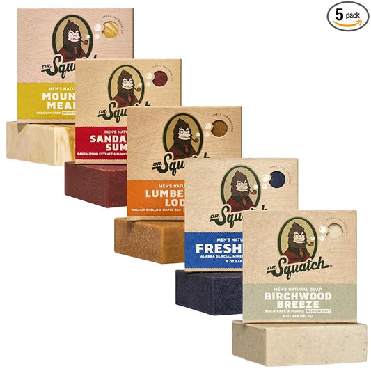 Dr. Squatch Natural Men’s Bar Soap - Cold Process Body Soap Bar with Natural Oils - Gifts for Men - Mountain Meadow, Sandalwood Summit, Lumberjack Lodge, Fresh Falls & Birchwood Breeze (5 oz, 5-Pack)