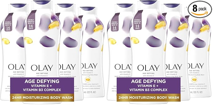 Olay Body Wash for Women,Age Defying with Vitamin E,24hr Moisturizing,Hydrating & Refreshing,B3 Vitamin Complex,Free of Parabens & Phthalates,for All Skin Types,Scented,22 fl oz,(Pack of 8)