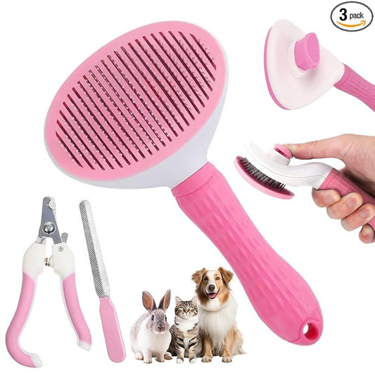 Aglads 3PCS Cat Rabbit Bunny Dog Grooming Kit, Self-Cleaning Slicker Cat & Dog Brush for Shedding, Fine-Needle Comb, Pet Nail Clipper & File for Long/Short-Haired Pets, Easy to Remove Loose (3, pink)