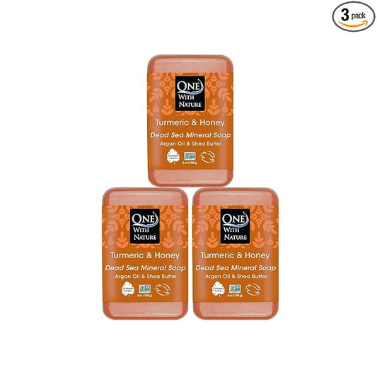 One With Nature Dead Sea Salt Turmeric Soap 4oz 3-Pack – Purifying and Exfoliating Soap Bar with Dead Sea Minerals and Turmeric for Face & Body, for Men & Women