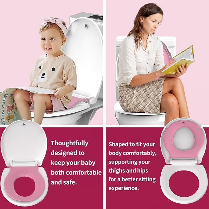 Potty Training Seat for Adults & Kids , 2-in-1 Round Toilet Seat with Toddler Seat, Soft Close Lid & Easy Install , 16.5inch,PP Safe Material,Pink