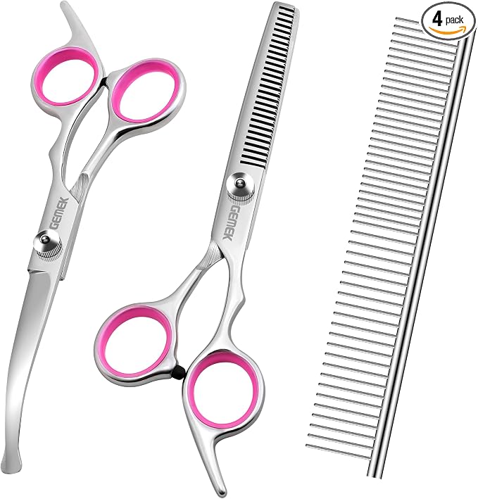 Dog Grooming Scissors with Safety Round Tips Stainless Steel Professional Dog Grooming Kit - Thinning, Curved Scissors and Comb for Cat Pet (Pink 4 in 1)