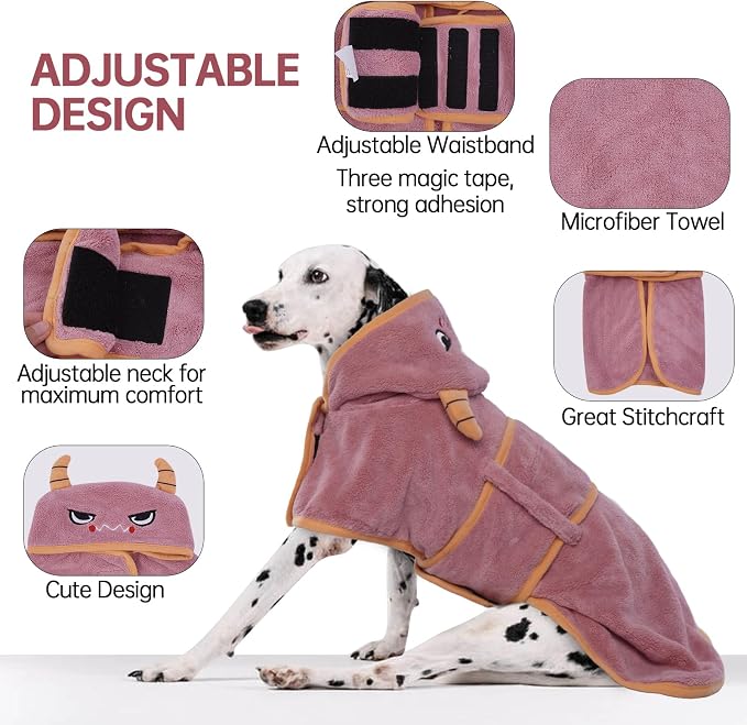Dog Bathrobe & Drying Coat, Microfibre Material Fast Drying Super Absorbent Towel, Magic Sticker & Belly Strap, Robes for After Bath - Puppy to Large Dog & Cat