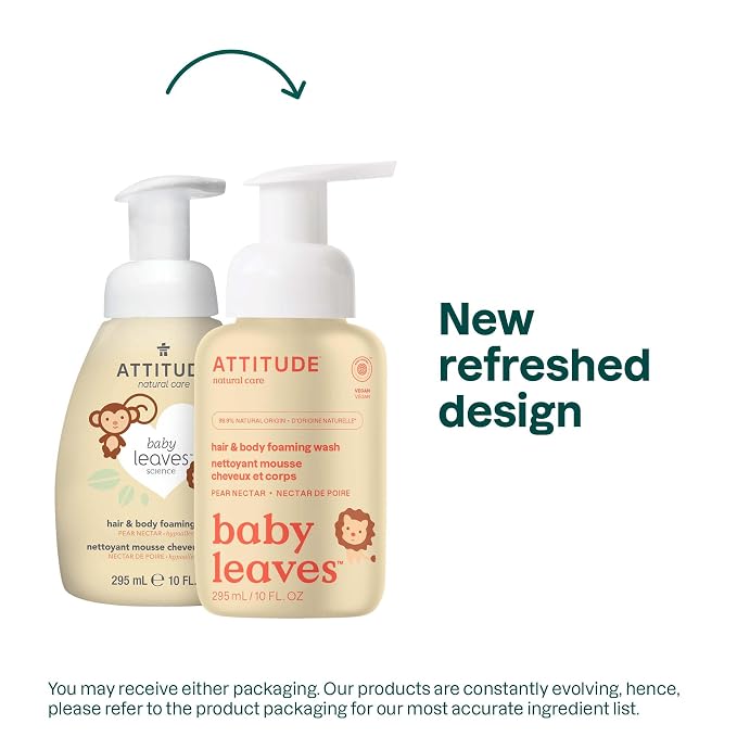 ATTITUDE 2-in-1 Hair and Body Foaming Baby Wash, EWG Verified Shampoo Soap, Dermatologically Tested, Made with Naturally Derived Ingredients, Vegan, Pear Nectar, 10 Fl Oz