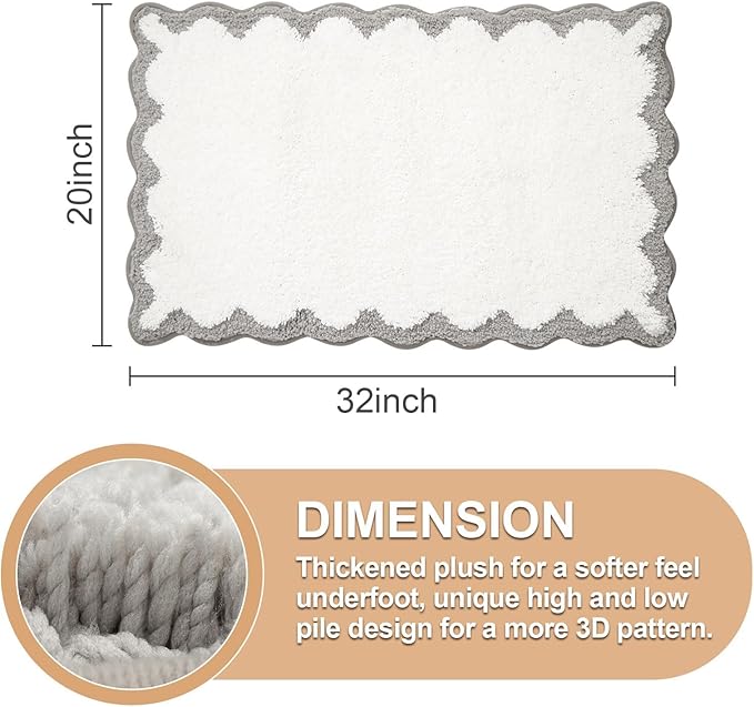 ORTIGIA Cute Scalloped Bath Mat Grey Bathroom Rugs Non Slip Washable, Quick Dry Absorbent Plush Microfiber White & Gray Bathmat for Bathtub Shower, Floor Carpet for Sink Bedroom, 20x32