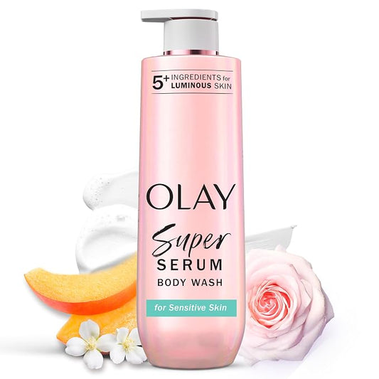 Olay Super Serum Body Wash for Sensitive Skin, 24hr Long Lasting Rich Hydration, 5+ Ingredient Complex for Bright, Even, Firm & Luminous Skin, with Collagen Peptide, Vitamin B5 & Shea Butter, 20 fl oz