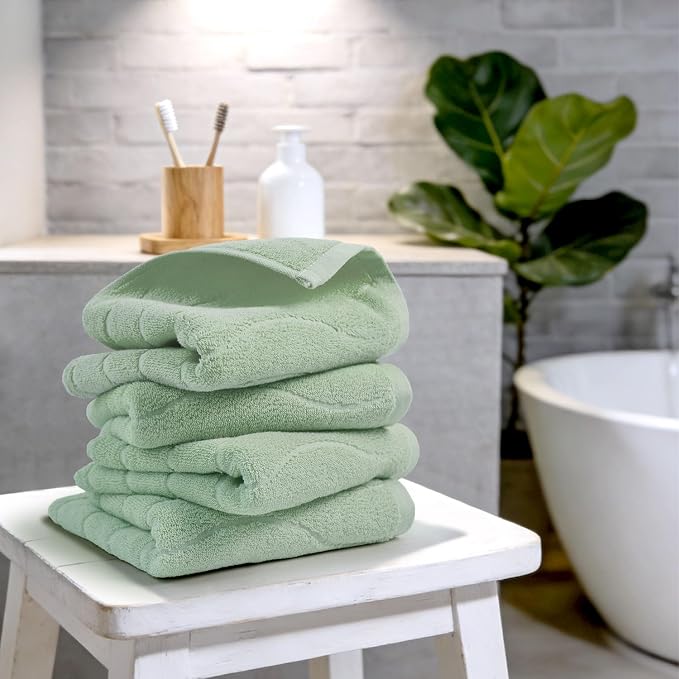 Jacquotha Hand Towels 4 Pack - Sage Green Wavy Striped Hand Towels for Bathroom, 100% Natural Cotton Soft Absorbent Decorative, 13x29 Inches