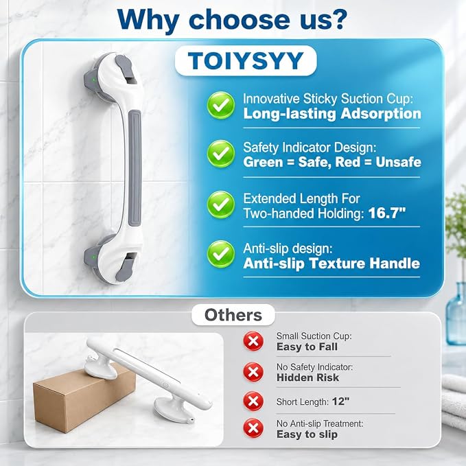 Grab Bars for Shower, 16.7 Inch Heavy Duty Suction Cup Handle, Dual Locking, No Drill Anti-Slip Support for Bathtub & Shower, Removable, 2 Pack