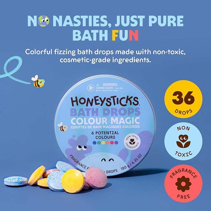 Honeysticks Bath Color Tablets for Kids - Non Toxic Bathtub Drops Made with Natural Ingredients and Food Grade Colors - Fragrance Free - Fizzy, Brightly Colored Bathtime Fun, Great Gift - 36 Drops
