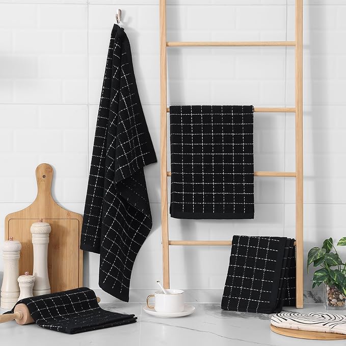 Homaxy 100% Cotton Terry Kitchen Towels(Black, 20 x 28 inches), Checkered Designed, Soft and Super Absorbent Dish Towels, Large 6 Pack