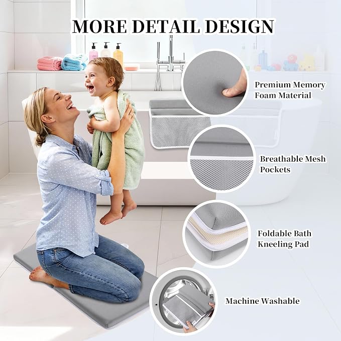 Bath Kneeler and Elbow Rest Pad Set, Gray 1.6" Thick Comfortable Kneeling Cushion with Organizer Pockets - Quick Drying, Foldable, Non-Slip for Bathing Time