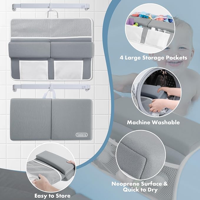 beiens Bath Kneeler and Elbow Rest Pad Set - 1.5'' Comfortable Thick Baby Bath Kneeler Pads, Quick Dry Soft Kneeling Pad for Baby Bath Time, Non-Slip Knee& Arm Support Bathtub Mat with Toys Organizer