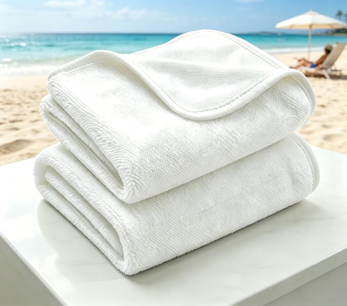 White Dual-Sided Microfiber Bath Towel, 2 Pack 48"x24" Ultra Absorbent Quick Dry Pool Towel, Exfoliating Body Cloth for Dead Skin & Sunscreen Removal, Lint-Free Reusable Shower Towel for Pool, Beach