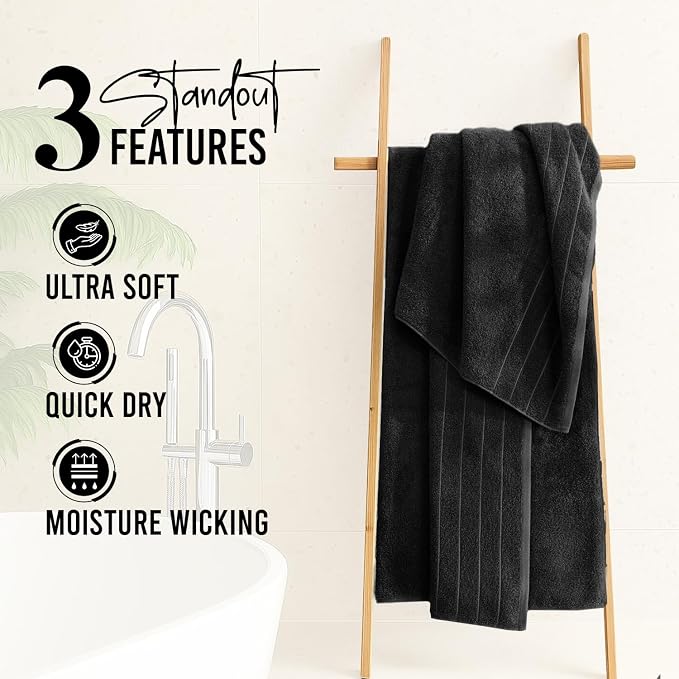 DAN RIVER Extra Large Bath Towels Set of 4, 30 x 60 Inches - 100% Cotton Larger & Lighter Weight Towels for Bathroom - Quicker to Dry, Super Soft & Highly Absorbent Towels for Home, Black