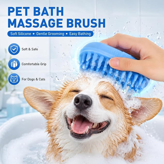 Rubber dog grooming brush - Professional pet bathing tool, helps remove shedding hair and massage - Gentle shampoo lathering tool for dogs, cats and puppies with short and medium hair.