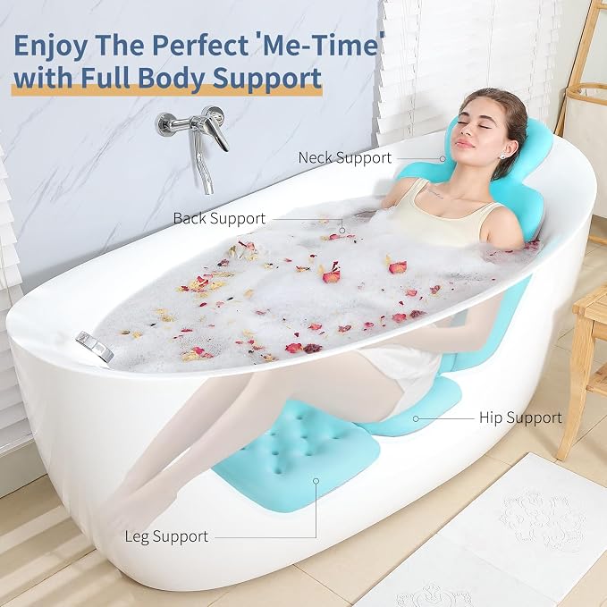 Luxury Bath Cushion, Full Body Bathtub Pillow with 160 Suction Cups, Bath Mat for Head and Neck Support, with Laundry Bag (Blue, 56" x 16")